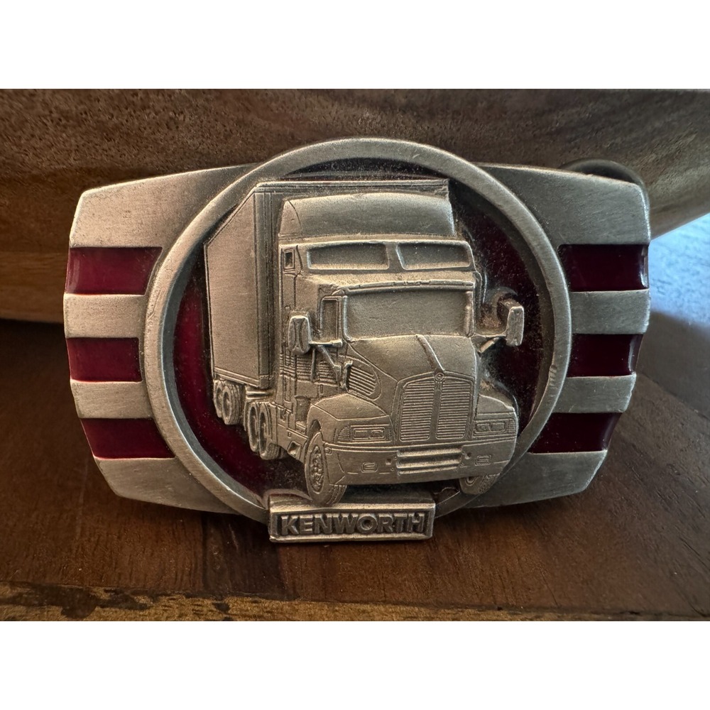 Bergamot Vintage 1989 Kenworth Semi truck Belt Buckle Red & Pewter Paccar Tonkin